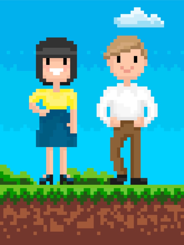 Man and woman pixel art game graphics vector, workers on nature, male wearing formal clothes lady smiling, soil and ground with grass and bushes platform. Man and Woman Pixelated Characters Retro Style