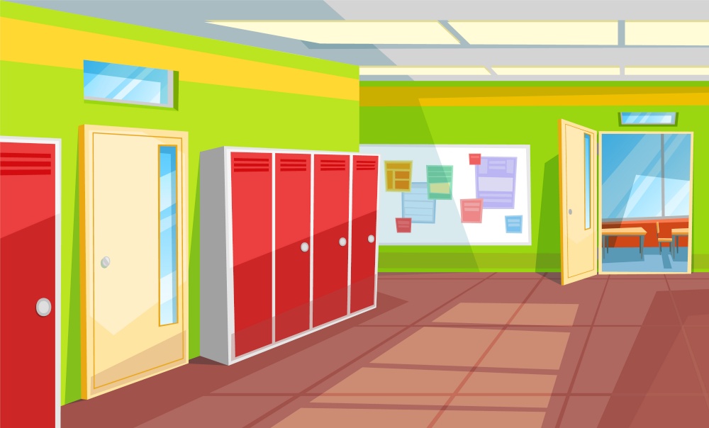 Hallway with lockers and tables with info vector, classroom with open doors. Interior of school corridor and rooms, view from inside 3d isometric. Back to school concept. Flat cartoon. School Corridor Classroom Interior Style Hallway