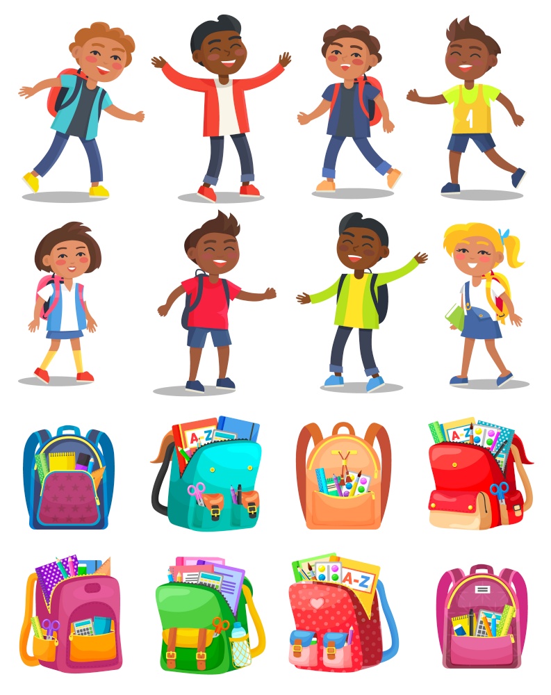 Pupils characters with backpack, school bag with notebook and pencil, paints and tassels. Smiling children, girl and boy student, classmates vector. Back to school concept. Flat cartoon. Classmates and Backpack Sticker, School Vector