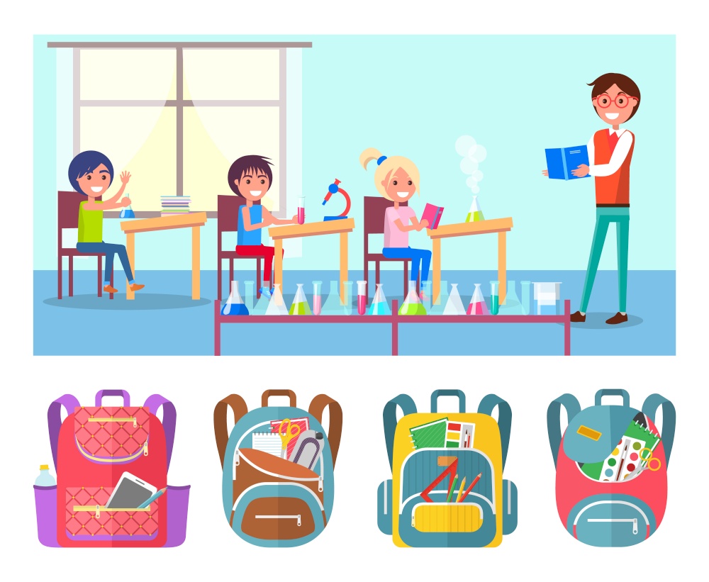 Children learns chemistry at school lesson vector illustration. Set of backpacks Pupils trying to do experiments with test tube with liquid under teachers control. Back to school concept. Flat cartoon. Pupils at School Lesson, Teacher Chemistry Flasks