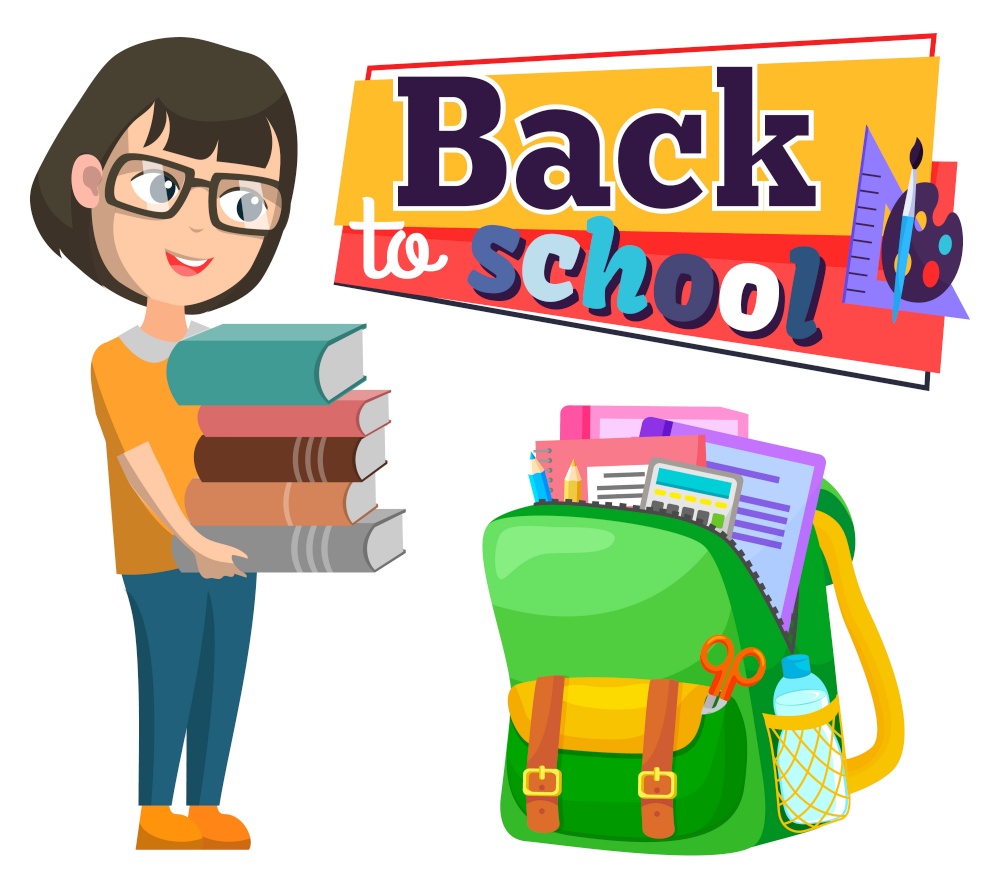 Schoolbag and girl with books pile, back to school vector. Copybooks and textbooks, calculator and pencils, water and scissors, student or pupil, education. Back to school concept. Flat cartoon. Back to School, Schoolbag and Girl with Books Pile