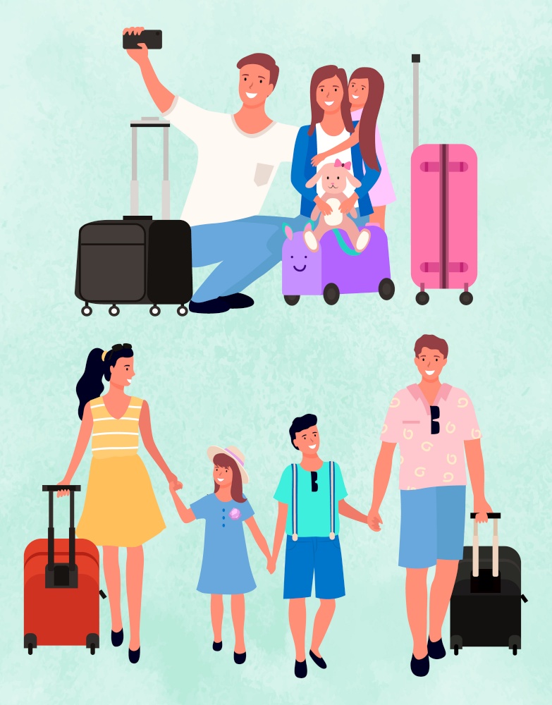 Happy family of parents and children traveling together. Summer vacation with suitcases. Group of people with luggage taking photos vector illustration. Famify weekend. Flat cartoon. Happy Family with Kids Traveling Vector Image