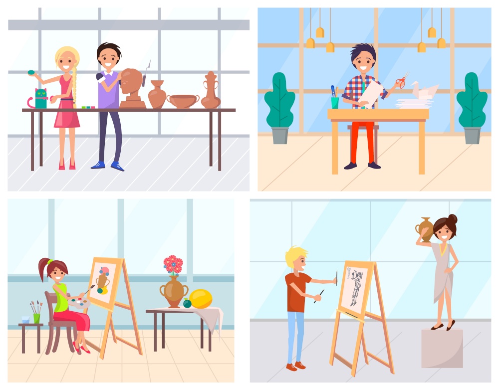 People art education, making application, painting and crafting. Handmade hobby of man and woman, worker drawing, cutting and sculpting indoor vector. Flat cartoon. Modern office or art school. Handmade Hobby, Man and Woman Art Education Vector