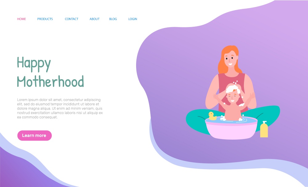 Mom bathing baby in bathtub, cleaning with shampoo. Happy kid sitting in water with toy, parent caring, smiling mother and son, motherhood vector. Website or webpage template, landing page flat style. Mother Bathing Son in Bathtub, Mom Caring Vector