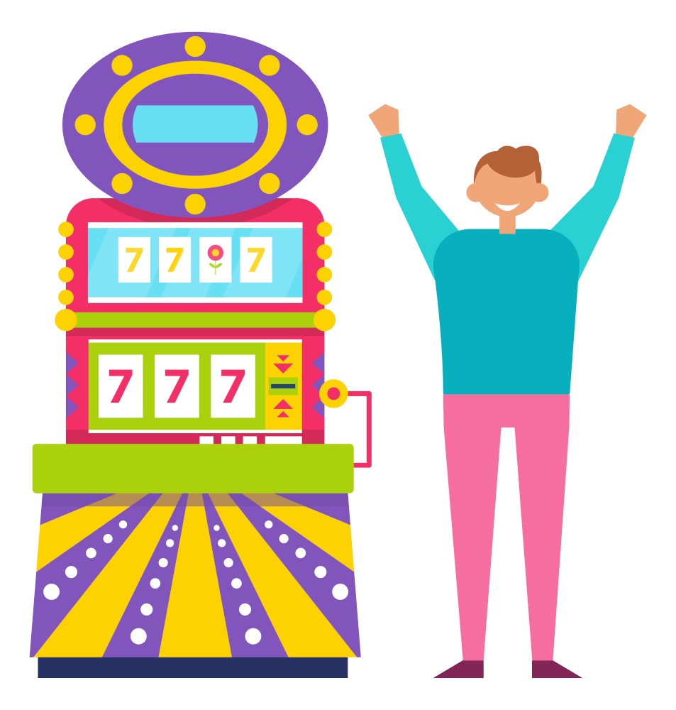 Young man playing colorful slot machine. Cheerful guy winning money in casino, game of chance. Gambling vector, lucky seven, jackpot symbol. Vector illustration in flat cartoon style. Man Playing Slot Machines, Gambling Game Vector