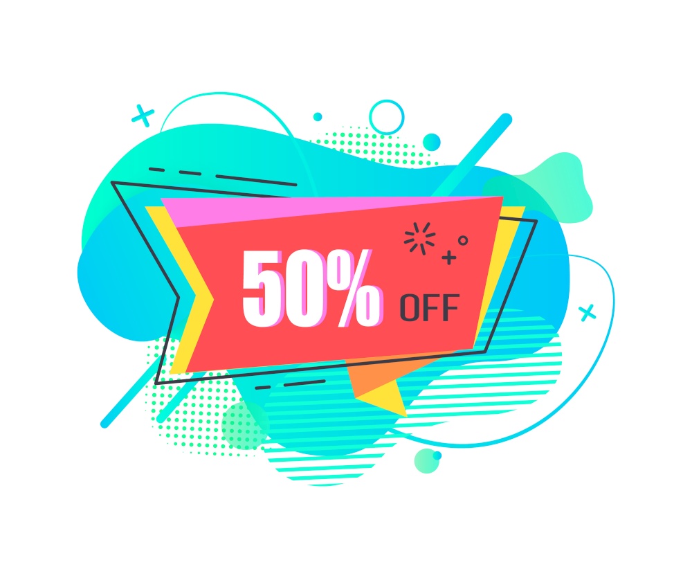 Banner with stripe and text sale for Black friday, isolated abstract design with promotion of shop, store with discount and coupon, shopper shopping business. Vector illustration in flat cartoon style. Sale Banner with 50 Percent Price Reduction Vector