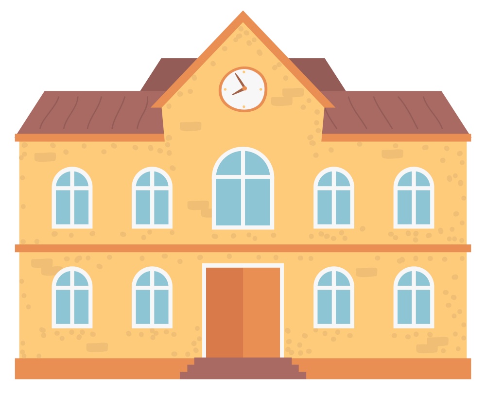 School facade closeup vector, isolated building with clock on top. Entrance of educational institution. Campus for students to learn and study flat style. Back to school concept. Flat cartoon. School Educational Institution Exterior Building