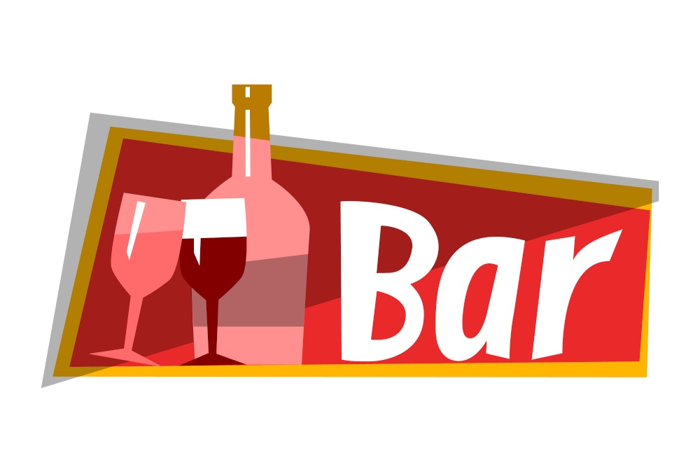 Alcohol bar logo isolated on white. Bottle with red wine, glass elements, icons. Perfect for restaurant, cafe, catering barsector. Vector illustration in flat cartoon style. Wine Alcohol Bar, Cafe Restaurant Logo Vector