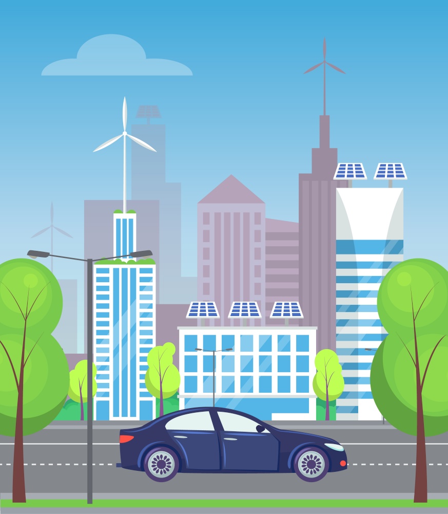 City street, road with trees and greenery. Car riding along skyscrapers and buildings, contemporary megapolis skyline, cityscape infrastructure. Vector illustration in flat cartoon style. Modern City with Skyscrapers and Roads Cars Vector