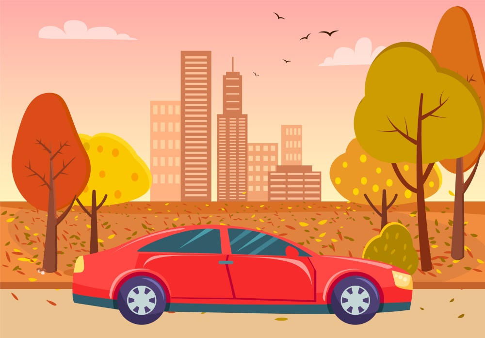 Red sedan car in city park with yellow and orange trees. Vector houses on background, autumn or fall season. Cityscape with luxury vehicle. Vector illustration in flat cartoon style. Red Sedan Car in City Park with Yellow Autumn Tree