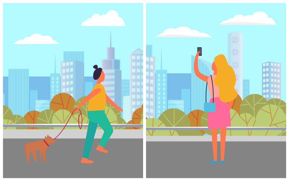Women leisure in city, lady standing with smartphone and female character running with dog. People outdoor, skyscraper view, walking near building. Vector illustration in flat cartoon style. Female with Dog and Smartphone in City Vector