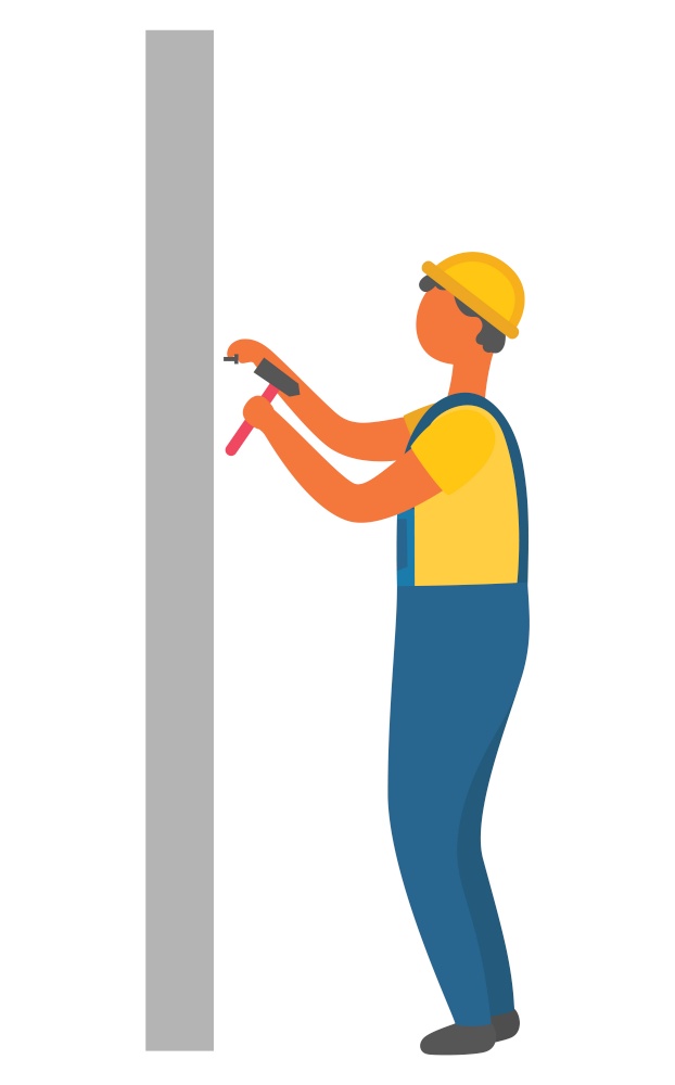 Construction process, isolated character holding hammer and nails. Builder wearing protective uniform and helmet on head, wall and supply tools. Vector illustration in flat cartoon style. Construction Worker, Man with Hammer and Nails