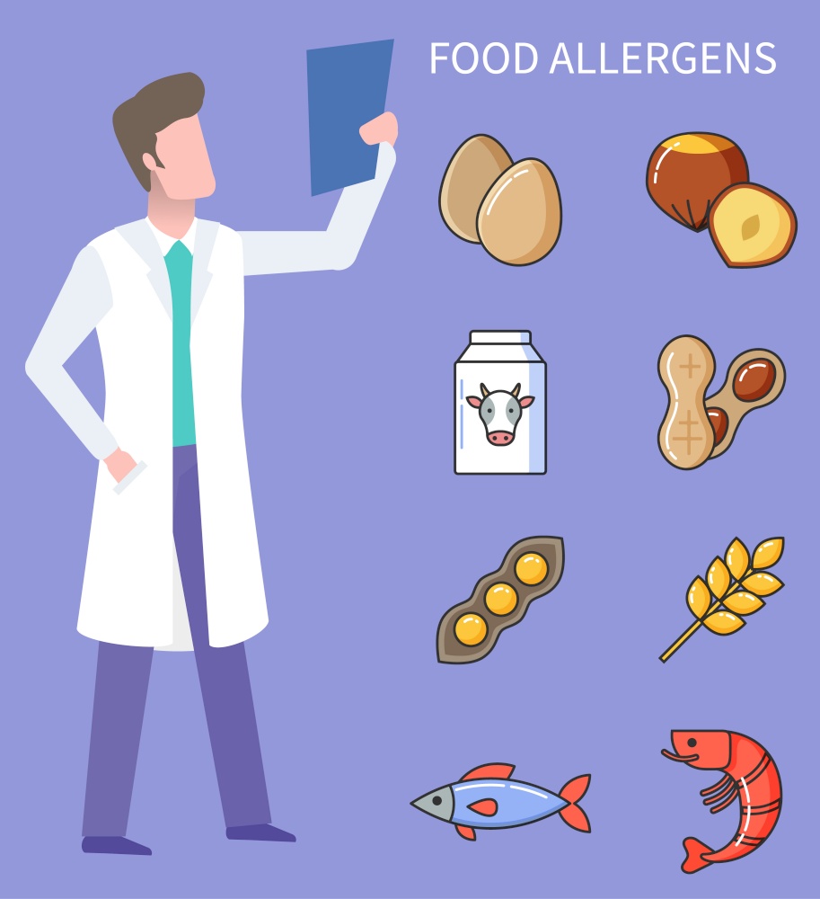 Products causing allergy, isolated doctor with analysis results on paper. Egg and nuts, milk and beans, wheat and meat of fish, shrimp meal. Vector illustration in flat cartoon style. Food Allergen Doc and Products Ingredients Allergy