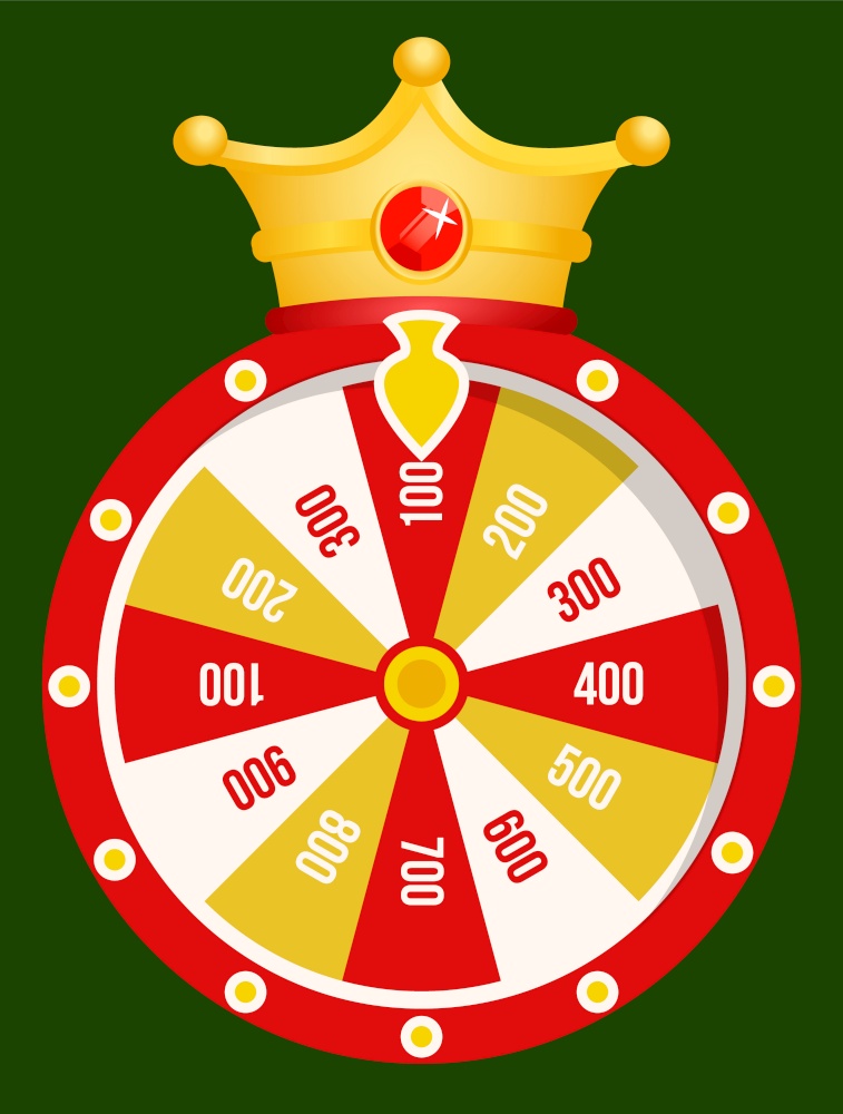 Fortune wheel and golden crown, casino gambling game poster with prize combinations. Betting and risk concept, hobby leisure and jokers headwear. Vector illustration in flat cartoon style. Fortune Wheel, Golden Coins, Casino Gambling Game