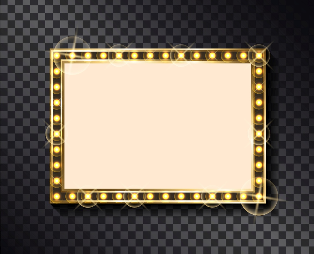 Rectangular glittering frame with neon light bulbs isolated on transparent background. Vector right-angled sparkling border, empty banner with place for text. Round Glittering Frame with Neon Light Bulb Vector