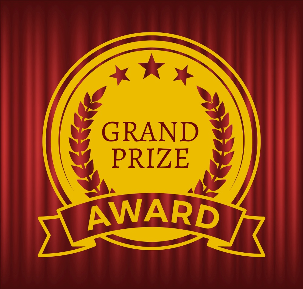Grand prize award vector, prize isolated on red curtain theater background. Championship and success, successful badge sketch with laurel branches and foliage. Grand Prize Award with Gold Stars Red Curtain