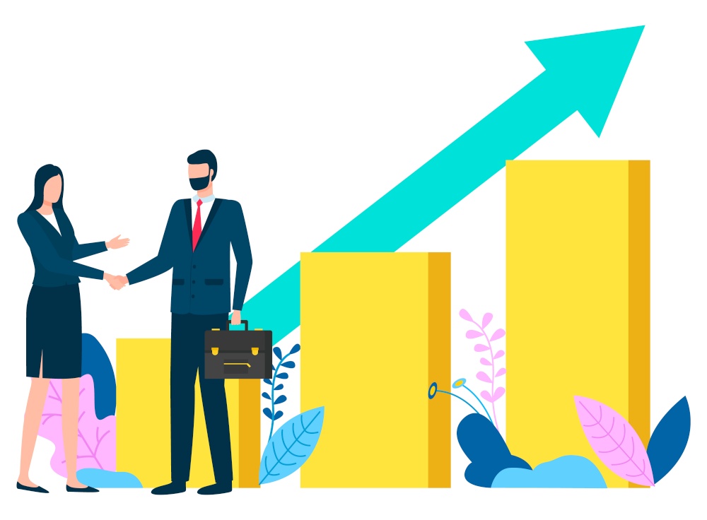 Man and woman handshake of business partners, people by infochart with growing arrow. Successful meeting, companies collaboration achievement. Vector illustration in flat cartoon style. Business Deal, Agreement of Companies Contract