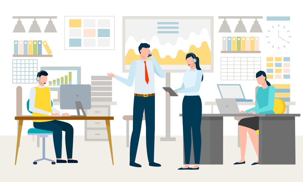 Workspace of team, boss and employee talking about problems. Modern working atmosphere, office job freelancers with laptops analyzing data. Vector illustration in flat cartoon style. People Working in Company Workspace of Team Vector