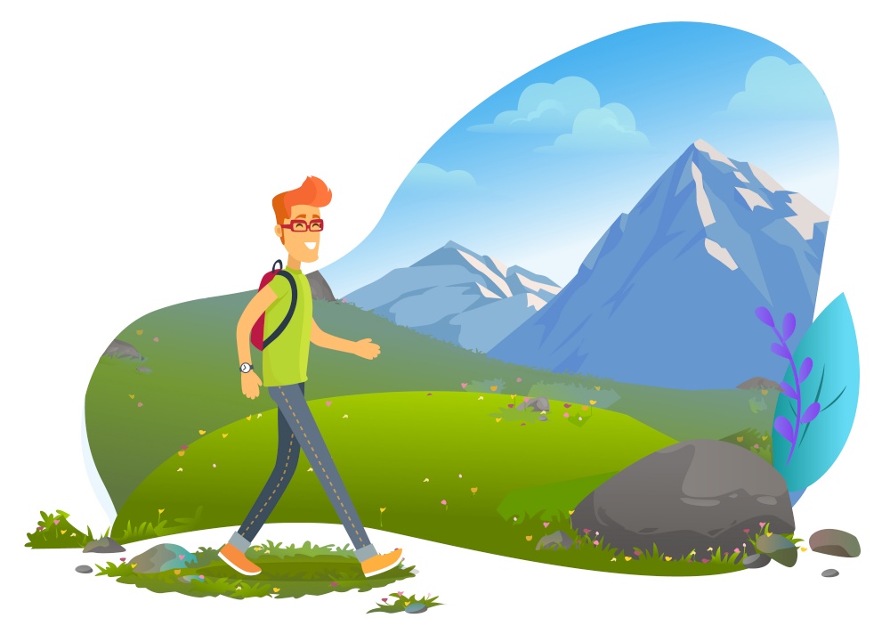 Hiker going on top of mountain, tourism activity. smiling person with backpack going outdoor, landscape view with rock and grass, climbing sport. Vector illustration in flat cartoon style. Mountain Tourism, Hiker with Backpack, Rock Vector