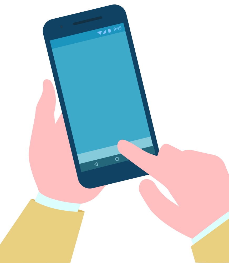 User with phone in hands, isolated gadget smartphone device with blue screen touchscreen of mobile phone. Service online, internet usage. Vector illustration in flat cartoon style. Person Holding Smartphone in Hands Cell Phone