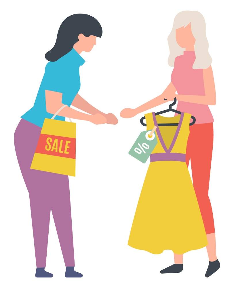 Woman with package sale, seller holding hanger with dress and discount sticker. People shopping, sale old collection, promotion or trade, retail. Vector illustration in flat cartoon style. Seller Holding Hanger with Dress, Sale Vector