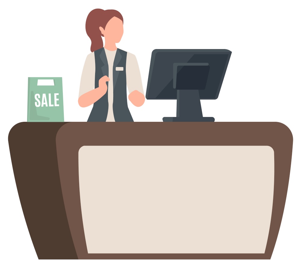 Cashier at shop, isolated character working in store. Desk counter with computer and sale sign. Shopping and paying for purchased products. Vector illustration in flat cartoon style. Cashier Standing by Desk, Checkout Counter at Shop
