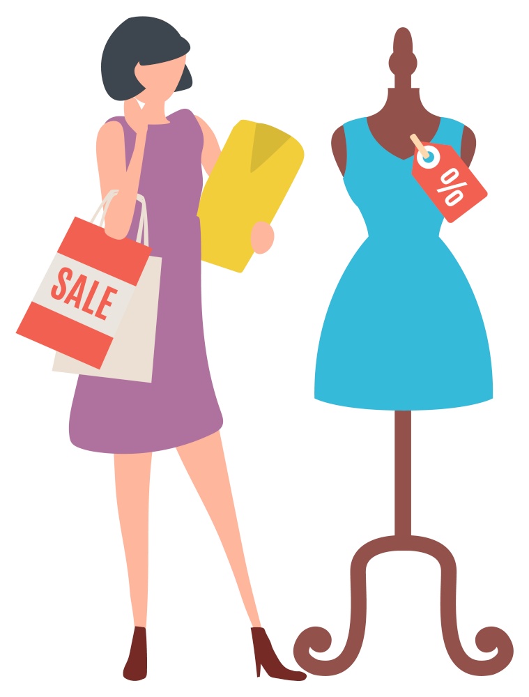 Woman stand with bag and look on blue dress on mennequin in departure store. It sale time and clothes selling with discounts. Vector illustration in flat cartoon style. Woman Looking at Dress on Mannequin in Shop
