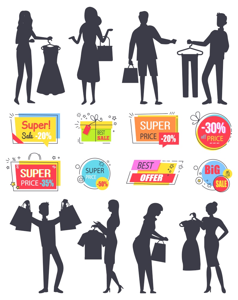 People shopping in store silhouette vector, isolated banners and character with bags and purchased products. Super sale on Black friday, discount and promotion set. Business sale stikers. Flat cartoon. Super Reduction Sale and Discount Silhouette Set