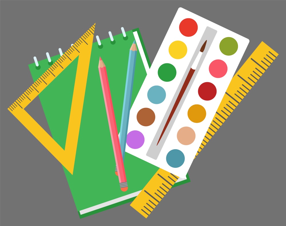 Notebook or notepad, paint and paintbrush, school stationery supplies vector. Color pencils, rulers or measuring and drawing tools, lesson equipment. Back to school concept. Flat cartoon. School Stationery Tools, Notepad and Paint, Rulers
