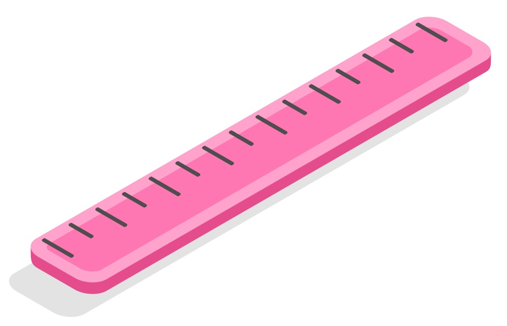 Pink 3d isometric ruler vector, isolated icon of device for measuring object for precision. Item decorated with dots, made of plastic material school supply. Back to school concept. Flat cartoon. Ruler for Maths Lessons, School Supplies Closeup