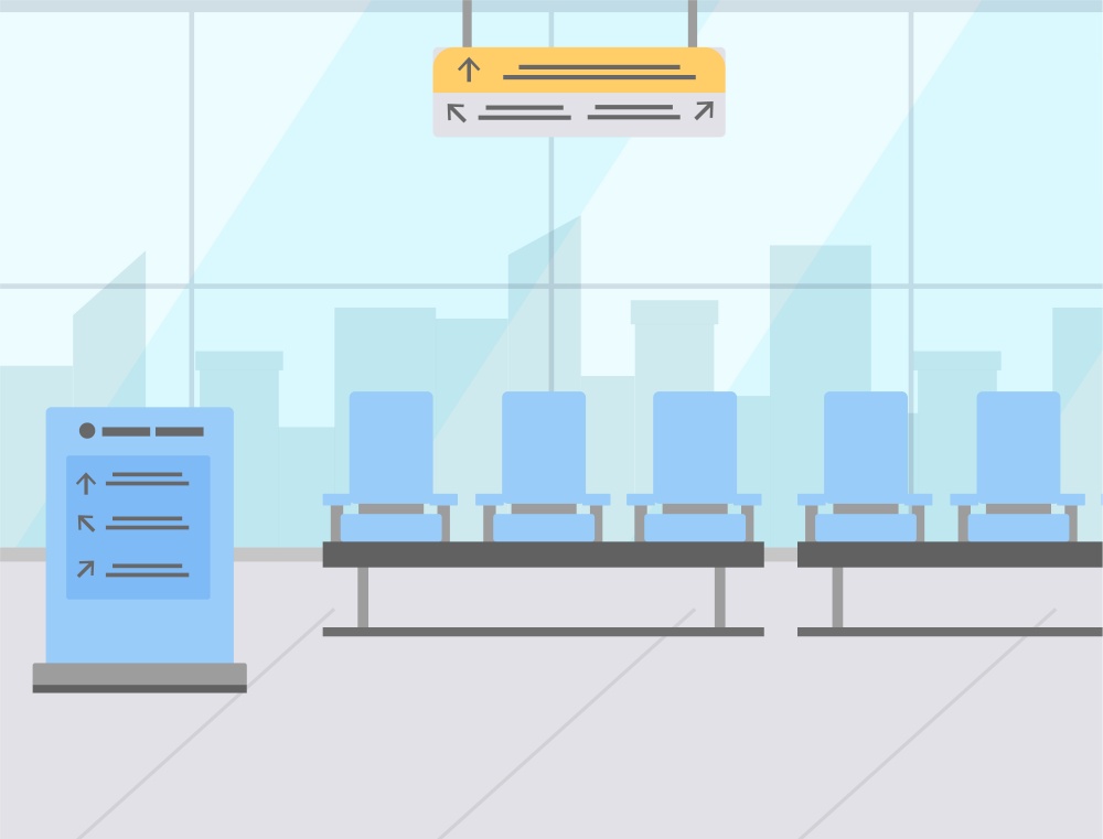 Blue airport seats in waiting area and wayfinding signage flat design. Panoramic windows view. Hall departure lounge modern terminal concept. Vector illustration in flat cartoon style. Airport Seats in Waiting Area, Wayfinding Sign