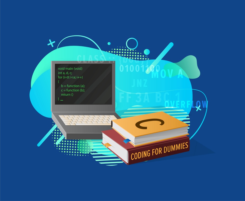 Programming equipment, coding for dummies hardcover books and laptop on bright liquid shape in blue color, pc knowledge or education, computer. Vector illustration in flat cartoon style. Coding Education, Programming in Laptop Vector