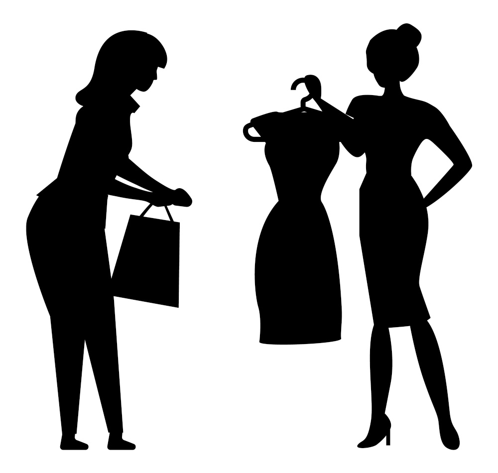 Women holding clothes on hangers silhouette isolated on white. Sales assistant and female customer in fashionable boutique, purchasing vector illustration. Women with Clothes on Hangers Silhouette Vector