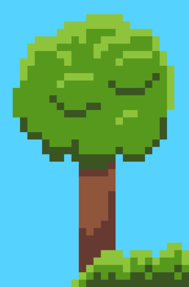 Pixel game elements vector, landscape part tree and bushes designed in 8 bit graphics, retro style nature grass and foliage of plant with trunk flat style. Green object for pixelated video-game. Pixel Tree and Bushes from 8 Bit Graphics Vector