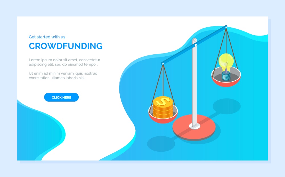 Crowdfunding libra, balance of money and bulb or idea, currency startup, economy project, finance blue homepage with coin, bank or donation vector. Website or webpage template, landing page flat style. Balance of Money and Bulb or Idea, Coin Vector