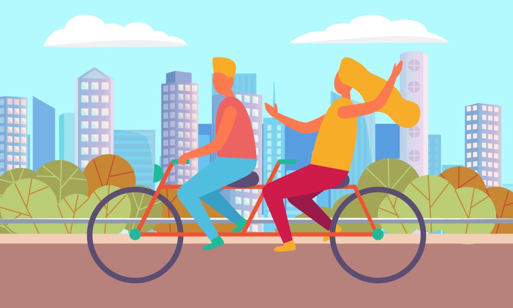 Couple cycling in city, girlfriend and boyfriend driving near buildings. People on bicycle outdoor, man and woman activity, lovers biking on street. Vector illustration in flat cartoon style. Man and Woman on Bicycle in City, Activity Vector