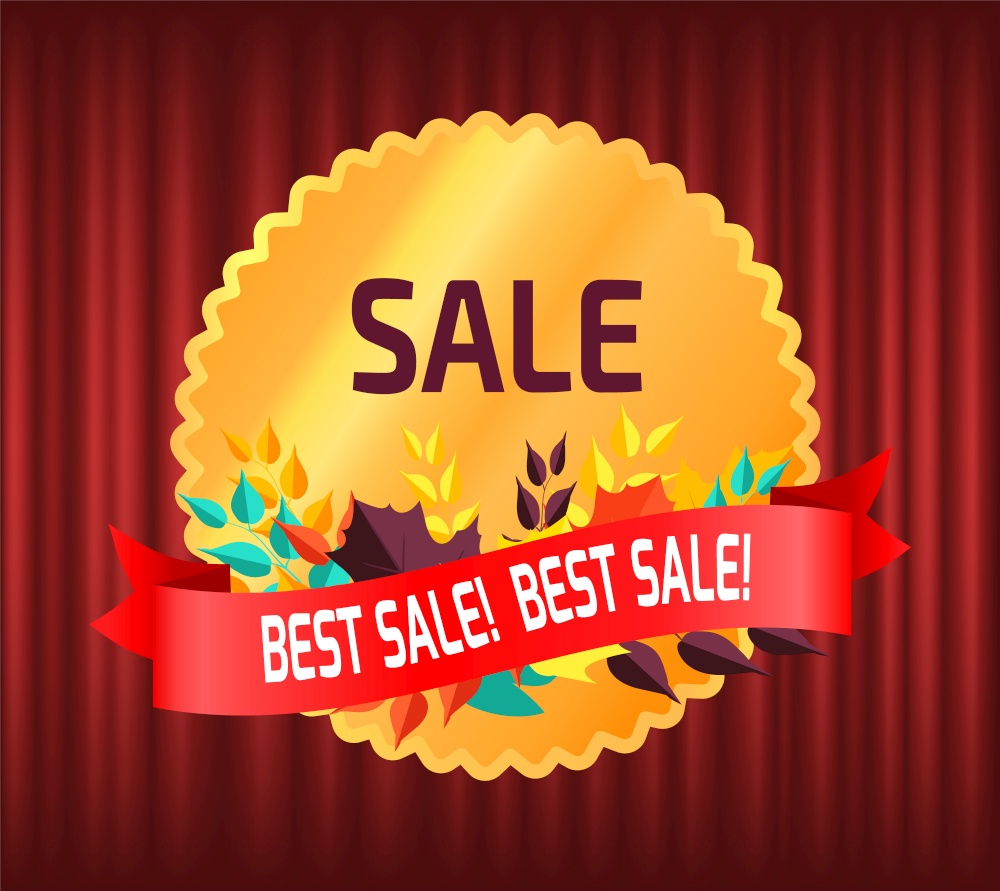 Sale in autumn vector, autumnal discounts banner with foliage and text. Deal promotion and lowering of prices, guarantee of best production quality. Red curtain theater background. Sale Best Discount and Offer, Banner Red Curtain