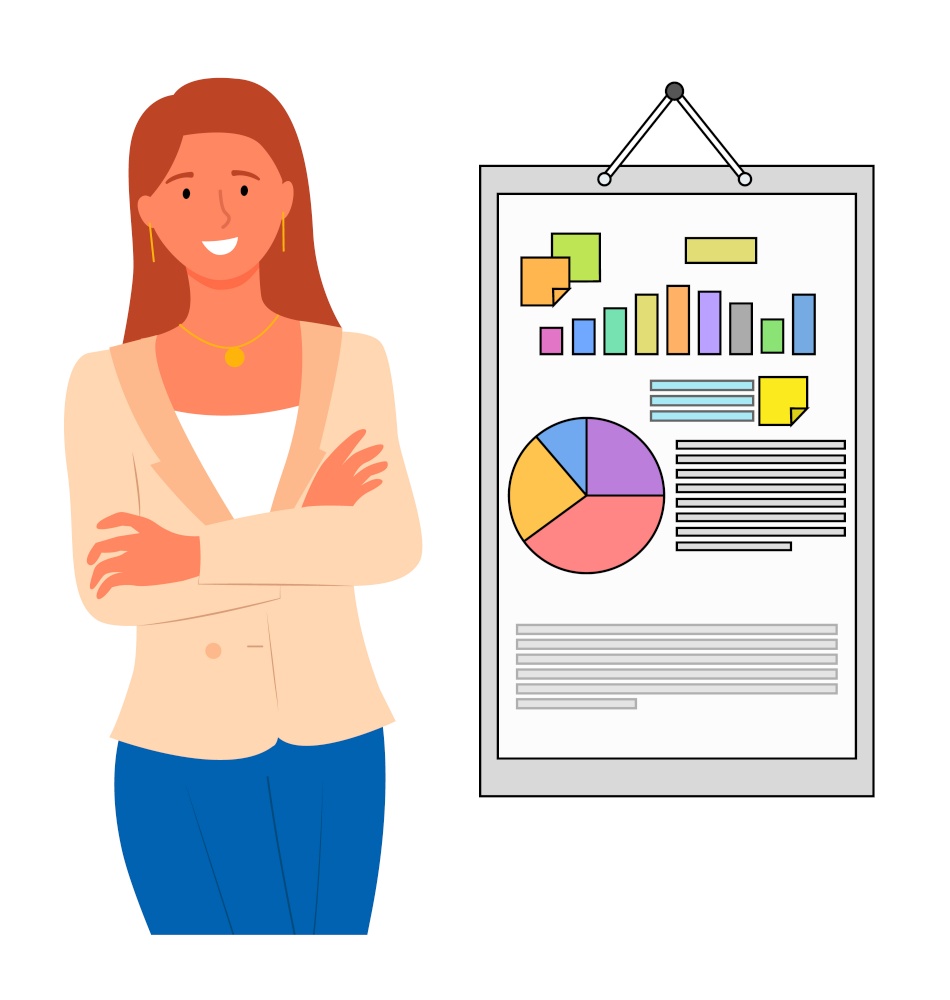 Woman marketing manager making presentation, board with growing income data isolated cartoon character. Vector financial analytic, banking worker and report. Woman Marketing Manager Making Presentation Vector
