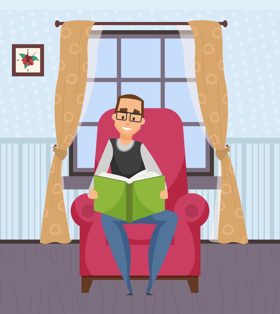 Smiling man sitting on armchair with book, male reading literature. Leisure of person wearing glasses, interior of room window with curtains, clock vector. Male with Book, Hobby Reading, Leisure Vector