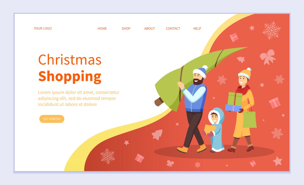 Smiling father and mother holding fir-tree, son with present box. Christmas shopping and preparation online. Family going with Xmas tree and greetings. Website flat style, landing page vector. Christmas Preparation, Fir-tree and Present Vector