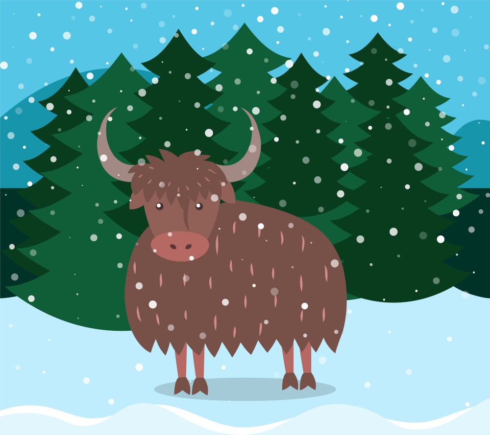 Pine forest vector, winter landscape in woods. Bull with horns outdoors. Animal standing by firtree. Natural surrounding of domesticated mammal. Cold weather, snowfall in rural area flat style. Winter Landscape and Bull with Horns in Forest