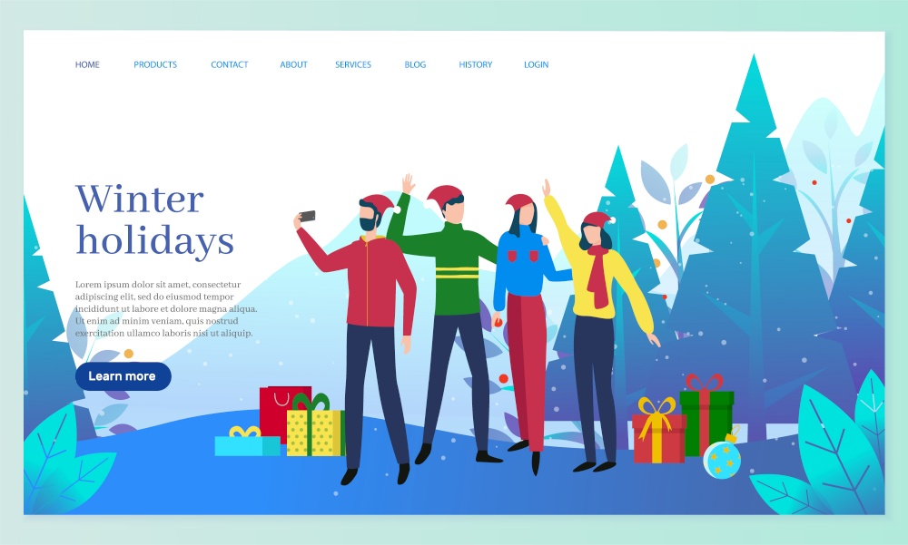 Winter holidays of people vector. Landscape forest with pine trees and foliage, snowy hills. Friends taking selfie with presents. Man and woman celebrating new year and christmas. Website or webpage. Winter Holidays, Friends on Vacations on Nature