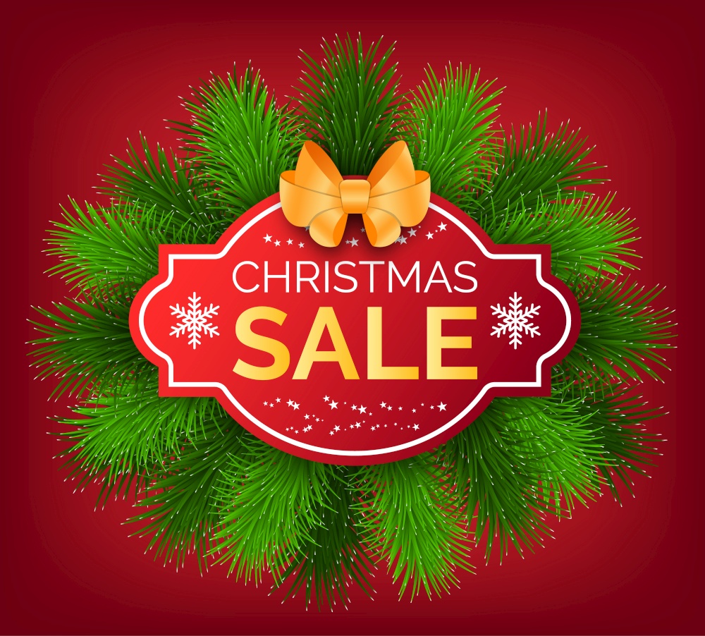 Christmas sale vector, promotional banner with frame and decoration. Pine tree needles, and text sample with bow decor. Discounts and proposals from shops and stores on market. Round sticker. Christmas Sale, Promotional Banner for Shop Vector