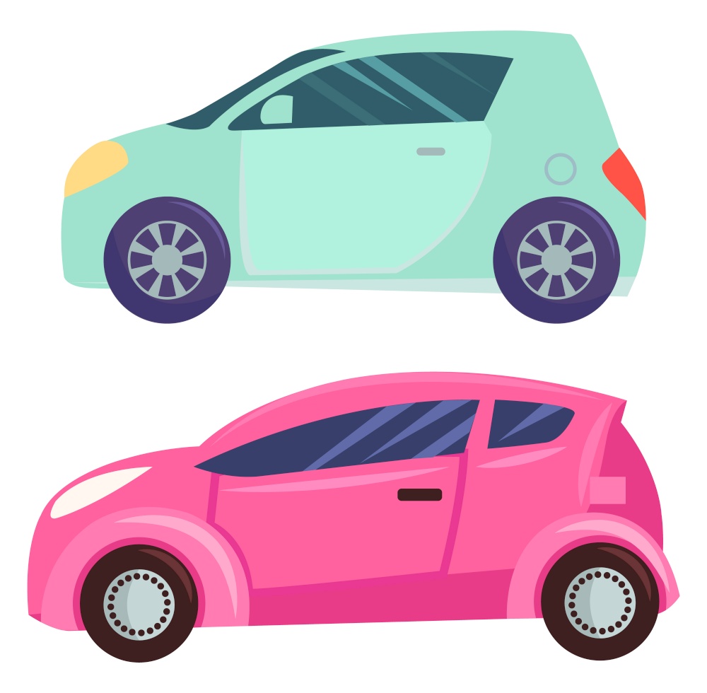 Transports vector, isolated set of automobiles of different color. Minicar smart car eco-friendly machine, eco auto with powerful engine transportation illustration in flat style design for web, print. Minicar Smart Cars Set, Automobile Transports