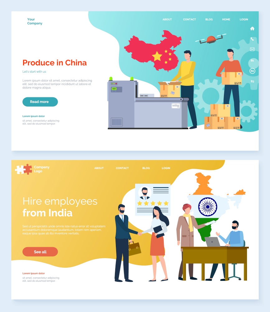 Employees hiring in India vector, indian staff and production in china. Chinese flag, people interaction, multi national company workers. Website or webpage template, landing page flat style. Produce in China and Hire People From India Set