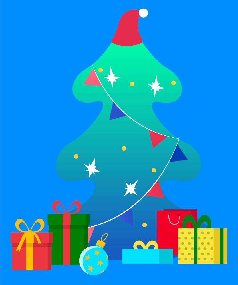 Christmas fir tree with festive garland and balls on it. Vector colorful boxes under pine. Packages with presents inside and tied with ribbon. Xmas celebration, traditional winter holiday decor. Christmas Fir Tree and Gift, Present Boxes Under