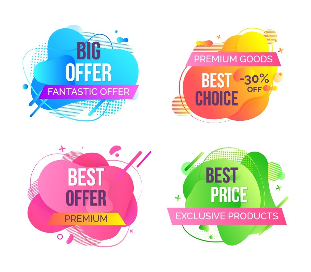 Fantastic, super and best vector offer, special sale tags. Geometric signs set with blue, pink, orange, green abstract liquid shapes, 30 percent discount off. Fantastic Best Offer Abstract Vector Tags Set