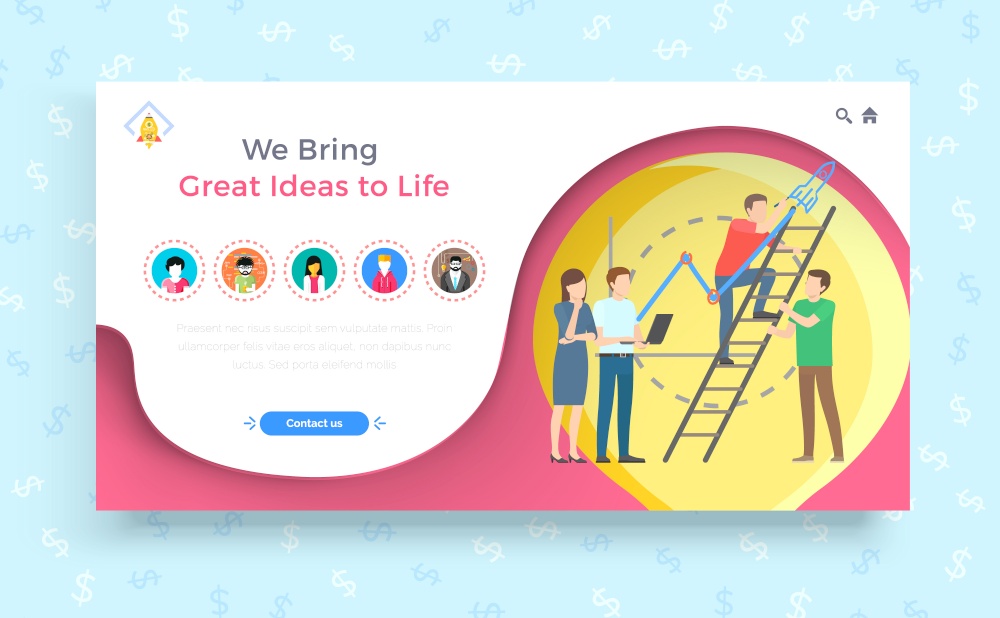 We bring great ideas to life banner vector. Teamwork of workers, people setting goals and achieving results. Successful completion of project. Leadership and partnership at work. Cooperation success. We Bring Great Ideas to Life Business Concept