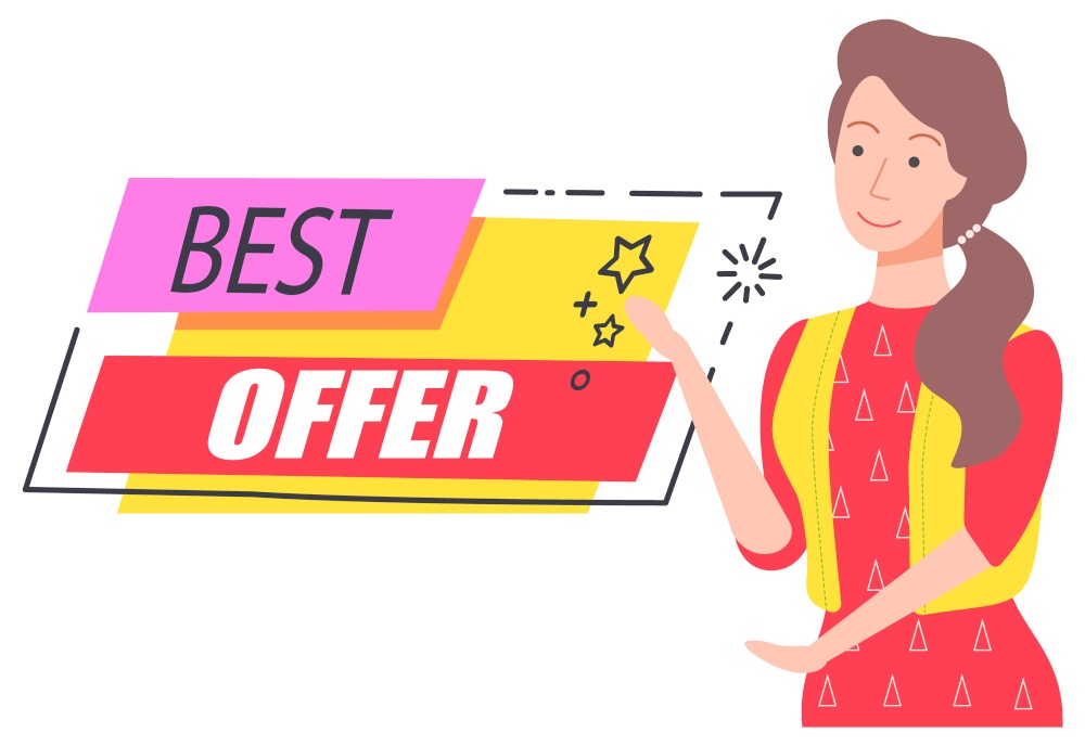 Best offer and price with discount on sale capture on pink and red fields. Good deal for people. Happy brunette girl offering vector illustration. Best Offer Discount Capture, Happy Girl Offering
