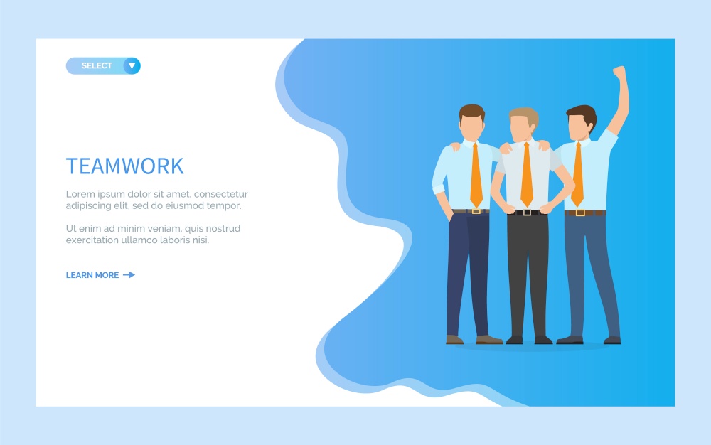 Teamwork, successful startup with group. Male coworkers, innovative product planning of company strategy. Businessman in suits and tie. Website or webpage template, landing page flat style. Teamwork, Successful Startup Group Male Coworkers